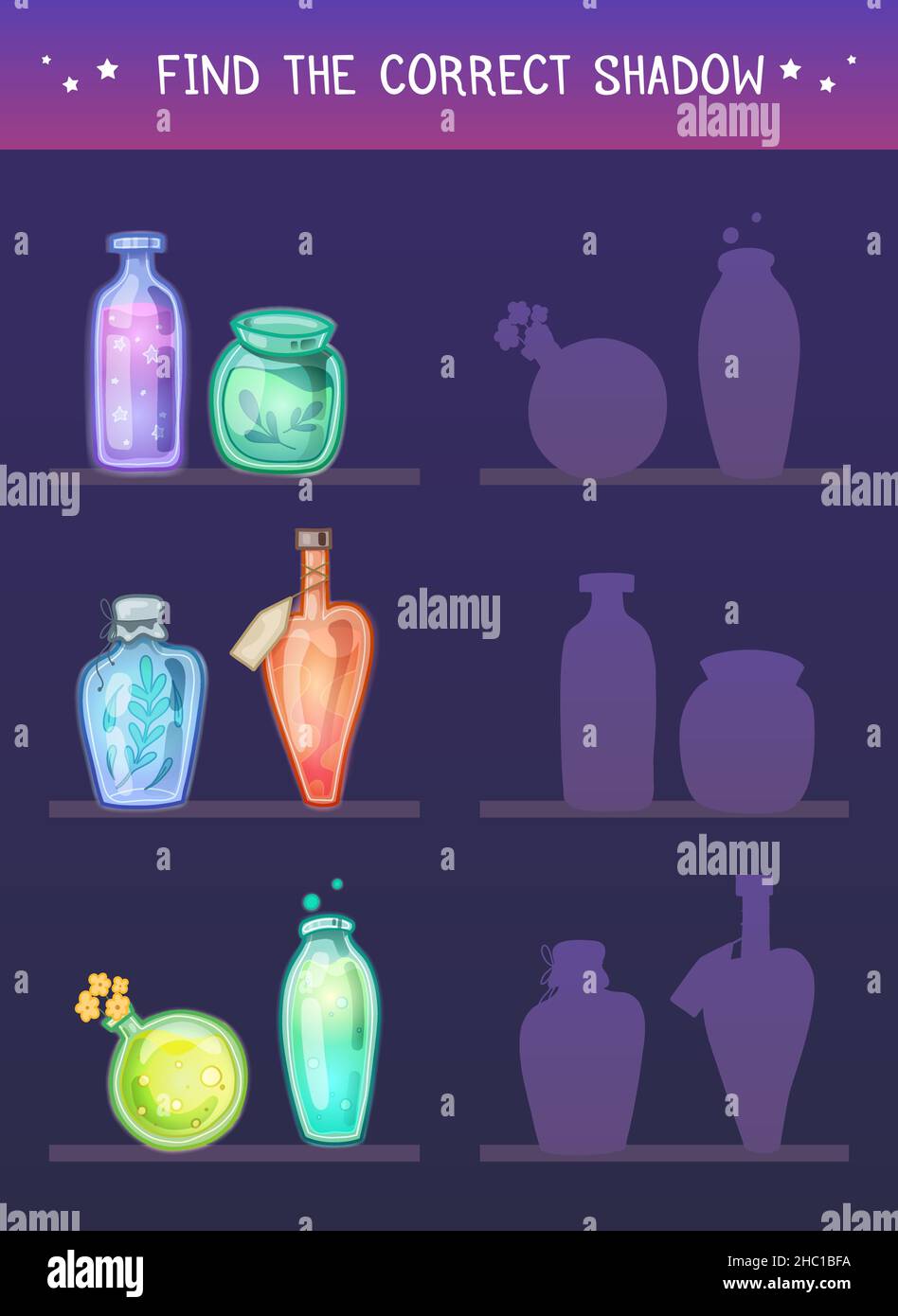 Finden Sie den richtigen Schatten. Vektor-Vorlage für Vorschulspiele. Pädagogischer Spaß für Kinder. Finde die richtige Silhouette für eine Gruppe von Flaschen in Regalen. Carto Stock Vektor