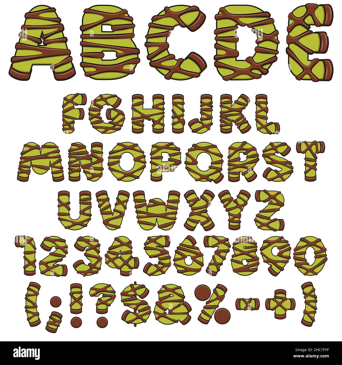 Alphabet, Buchstaben, Zahlen und Zeichen der grünen punschulle, dammsugare. Isolierte Vektorobjekte auf weißem Hintergrund. Stock Vektor