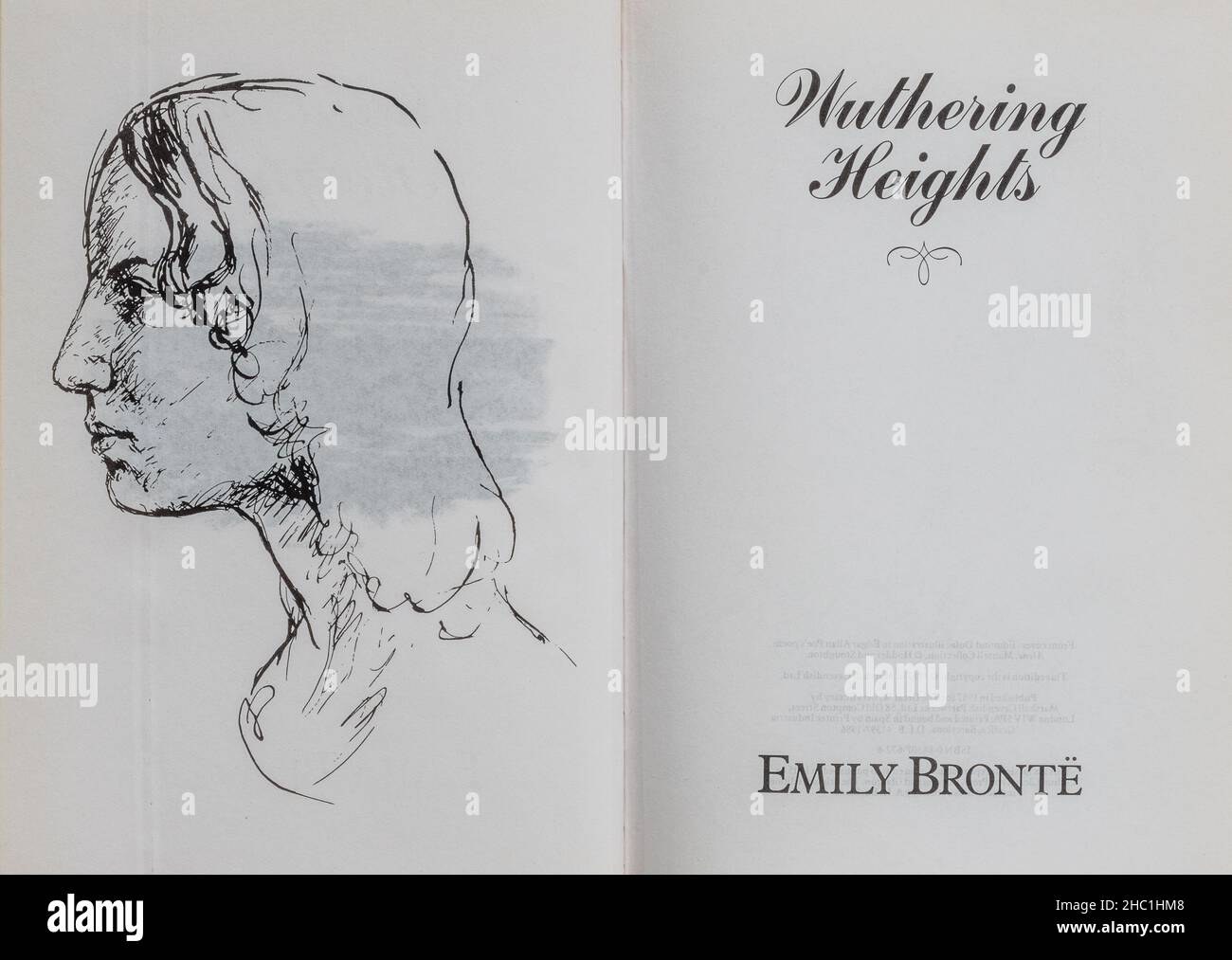 Wuthering Heights Buch - Klassiker von Emily Bronte. Titelseite und Zeichnung des Autors. Stockfoto