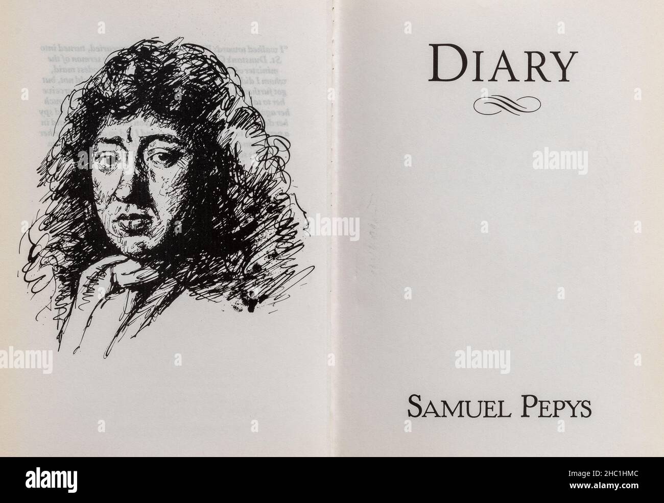 Samuel Pepys Tagebuch, klassisches Buch. Titelblatt und Zeichnung des Autors oder Tagebuchschreiberers. Stockfoto