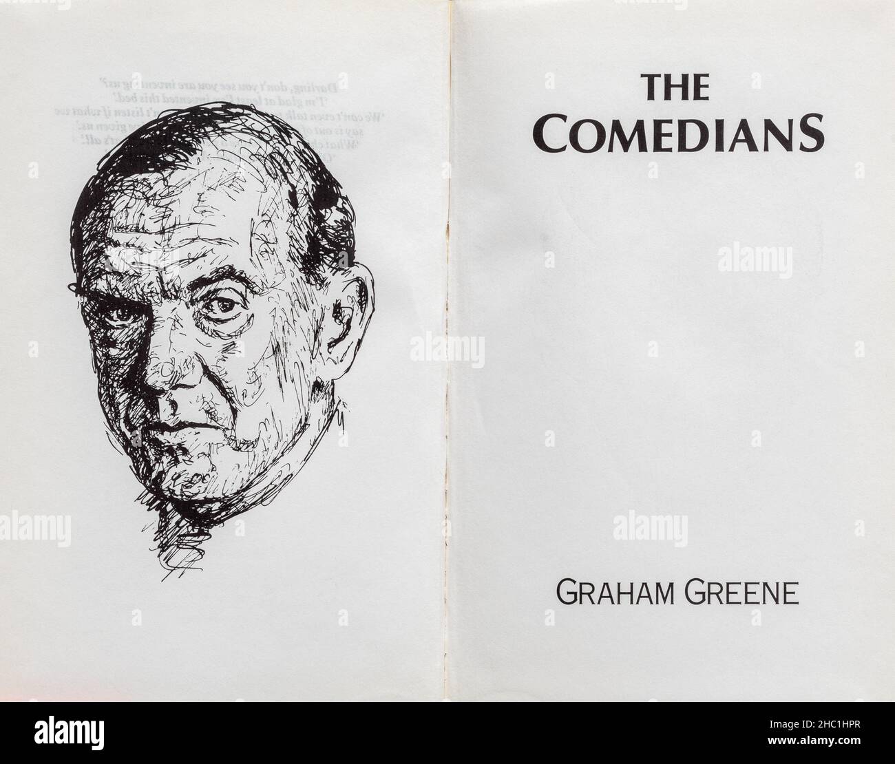 Das Comedians-Buch - klassischer Roman von Graham Greene. Titelseite und Zeichnung des Autors. Stockfoto