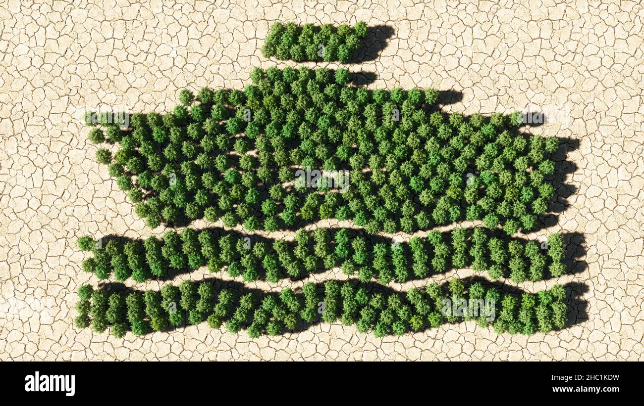 Konzept oder konzeptionelle Gruppe von grünen Wald Baum auf trockenem Boden Hintergrund, Boot-Symbol. 3D Illustration Metapher für Kreuzfahrt, Tourismus, Urlaub Stockfoto