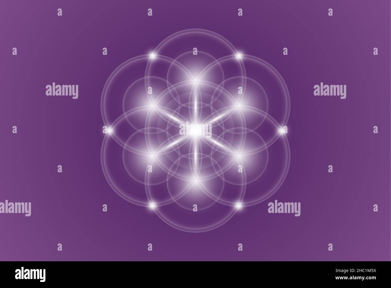 Samen des Lebens, Heilige Geometrie, Blume des Lebens, Licht-Logo-Symbol für Harmonie und Balance, leuchtende geometrische Ornamente, Vektor isoliert auf violettem Hintergrund Stock Vektor