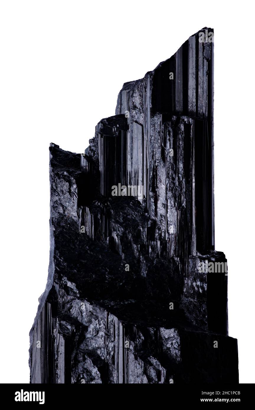 Schorl schwarz Turmalin Probe Nahaufnahme Makro Detail semi-Edelstein Textur weißen Hintergrund isoliert Stockfoto