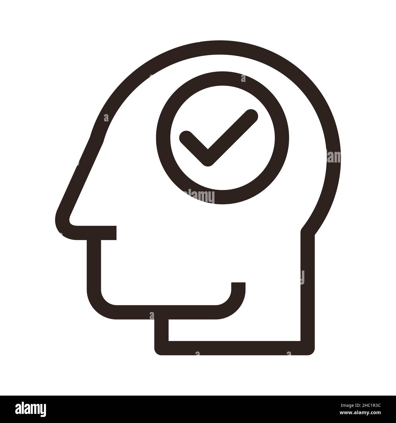 Kopf mit Häkchen. Konzept des denkenden Menschen isoliert auf weißem Hintergrund Stockfoto