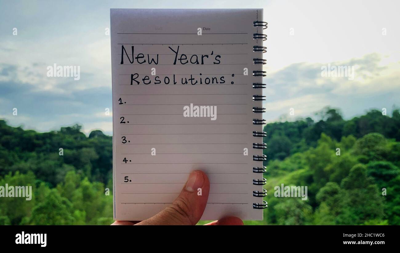 Bild mit den Auflösungen des neuen Jahres Text auf Notizblock mit verschwommenem Naturhintergrund geschrieben Stockfoto