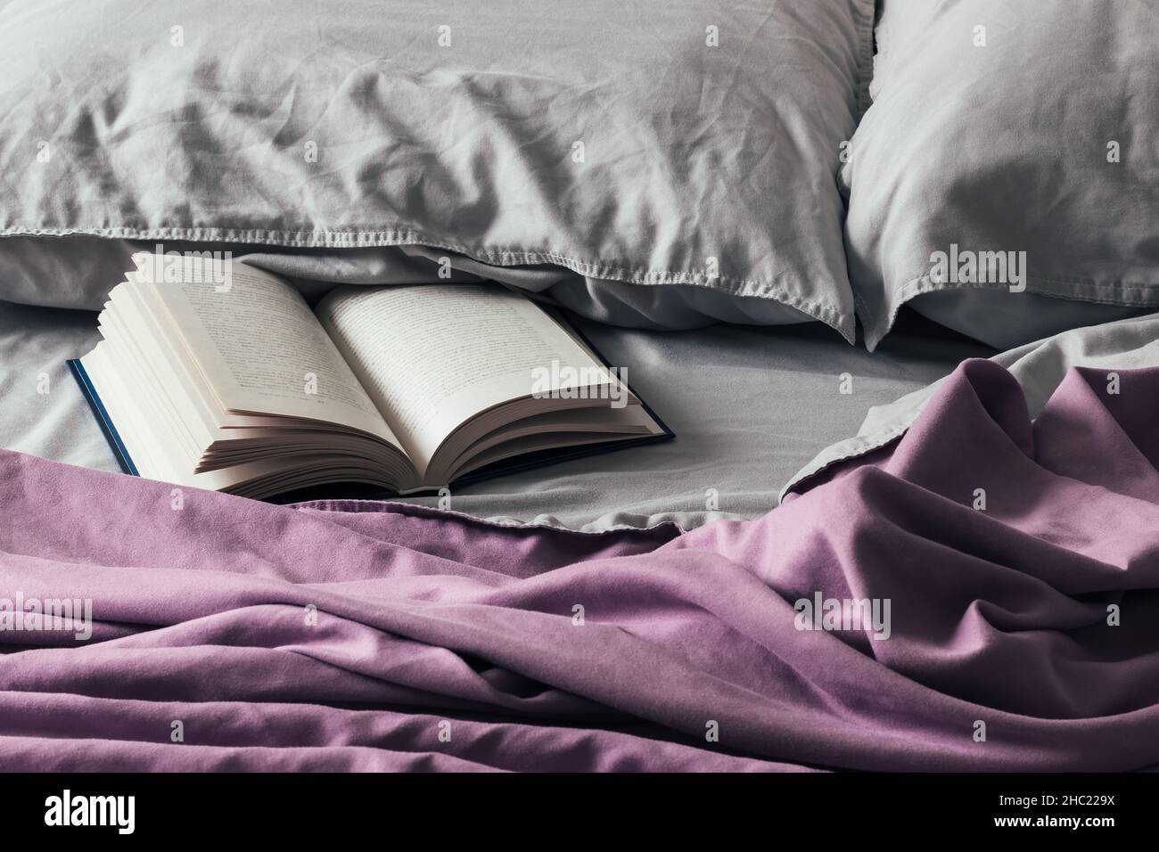 Öffnen Sie ein Buch auf dem unordentlichen Bett mit einer violetten Bettdecke und grauen Kissen. Faszinierendes Buch in weicher, zerknitterter Bettwäsche Stockfoto