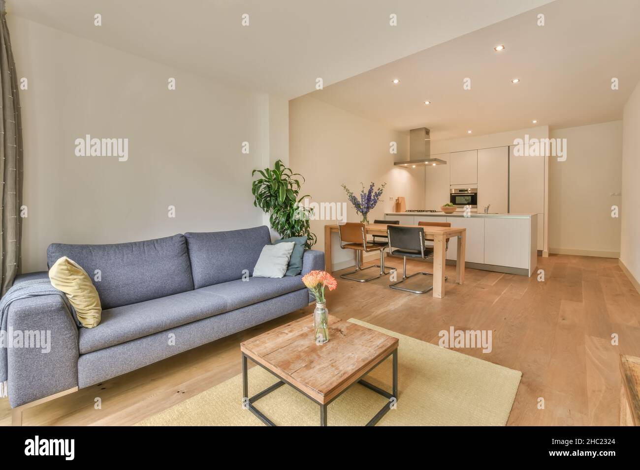 Einfache, teure Innenausstattung des Wohnzimmers mit Teppich und Beige Sofa Stockfoto