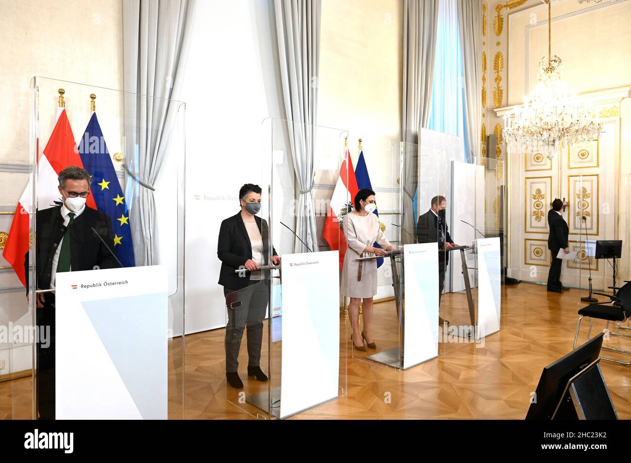 Pressekonferenz Zur Politischen Einigung Über Die Gemeinsame Agrarpolitik Mit Georg Strasser, Olga Voglauer, Elisabeth Köstinger Und Josef Moosbr Stockfoto