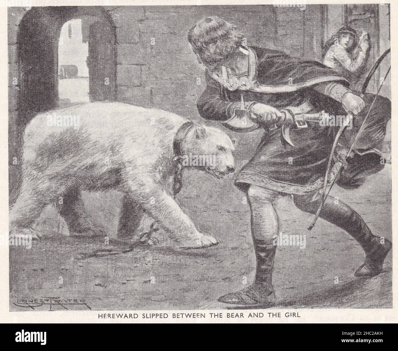 Hereward schlüpfte zwischen dem Bären und dem Mädchen - angelsächsischer Adliger und Anführer des lokalen Widerstands gegen die normannische Eroberung Englands, 11th. Jahrhundert. Stockfoto