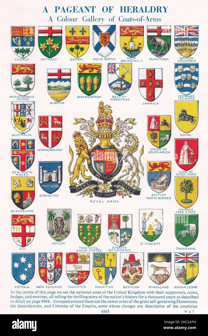 Vintage-Illustrationen von 'A Pageant of Heraldry' - Eine Farbgalerie von Mäntel-of-Arms. Nationale Waffen des Vereinigten Königreichs. Stockfoto