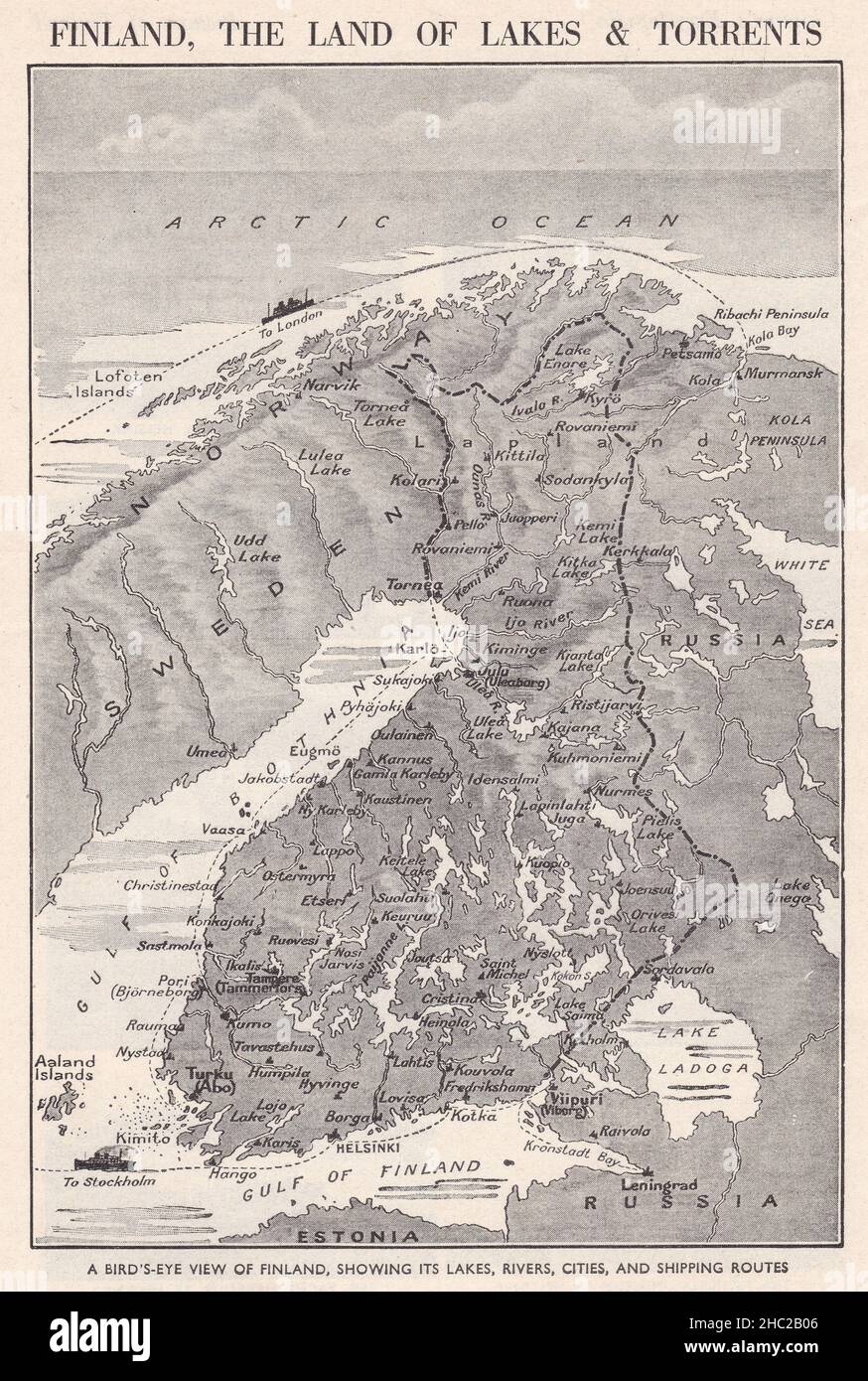 Vintage-Karte von Finnland aus der Vogelperspektive mit seinen Seen, Flüssen, Städten und 