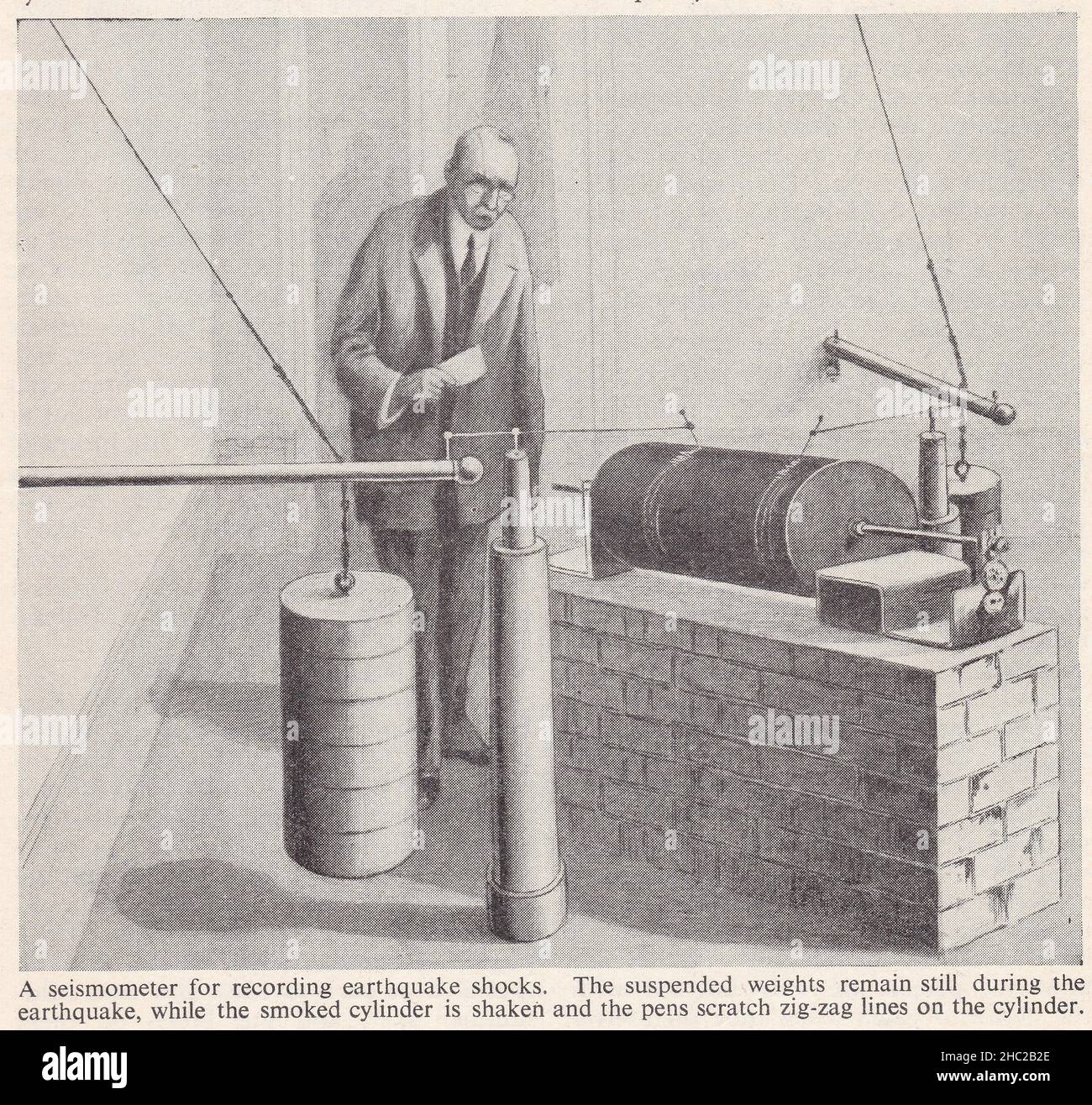 Eine Vintage-Illustration eines Seismometers zur Aufzeichnung von Erdbebenschocks 1930s. Stockfoto
