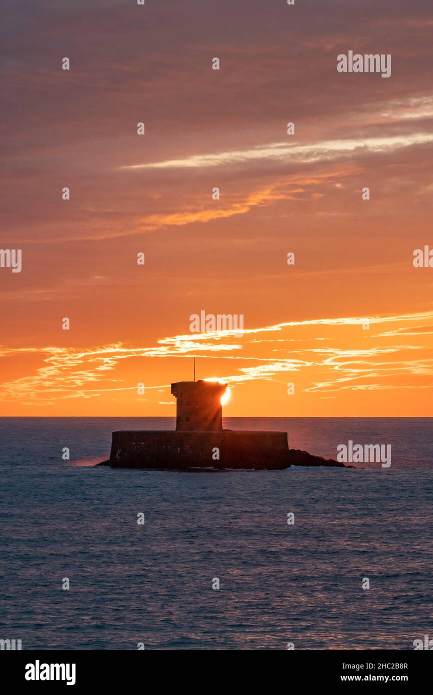 La Rocco Tower, Sonnenuntergang, St Ouens, Jersey, Kanalinseln Stockfoto