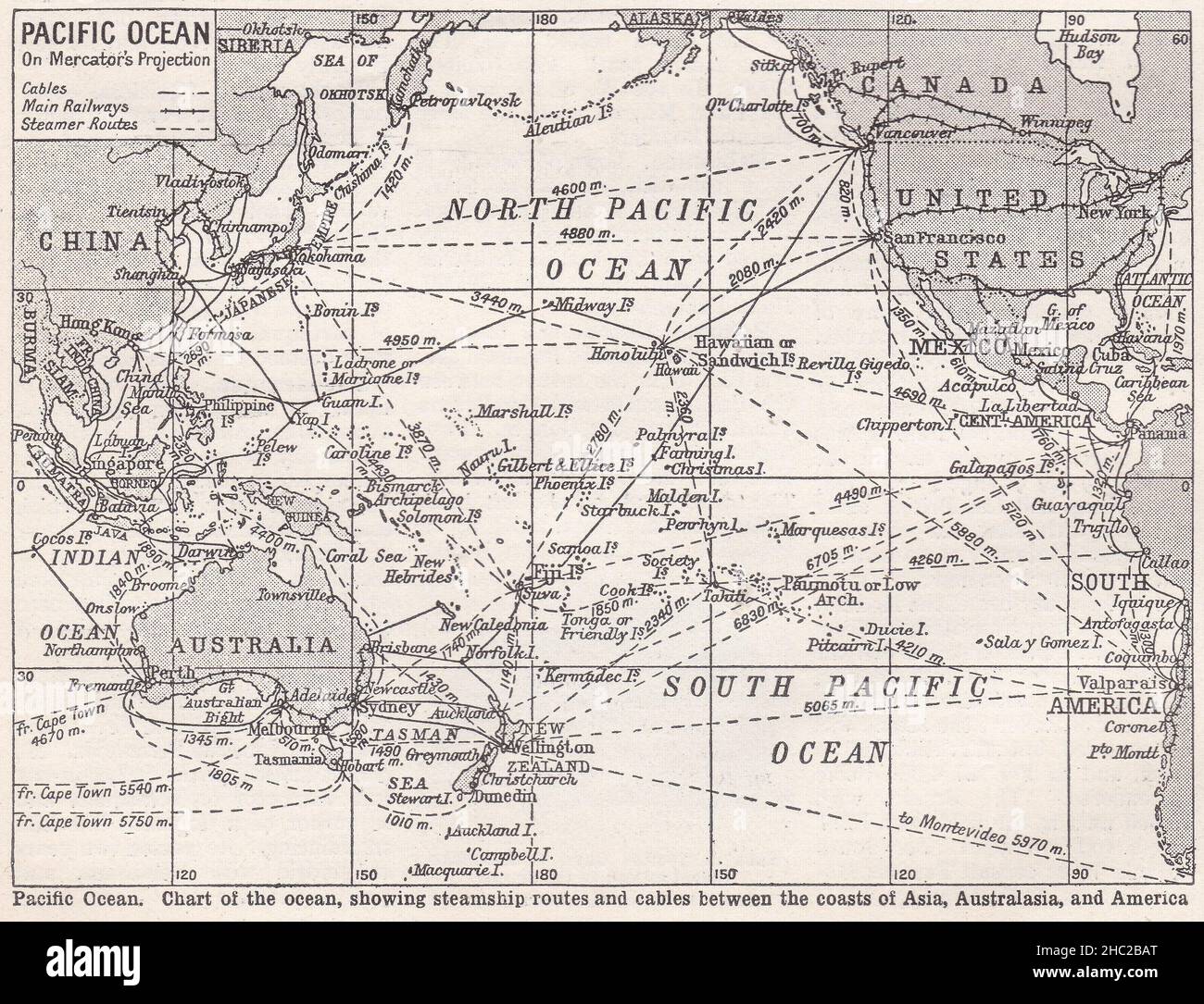 Vintage-Karte des Pazifischen Ozeans auf Mercator's Projection - Karte des Ozeans, zeigt Routen von Dampfschiffen und Kabel zwischen den Küsten 1930s. Stockfoto