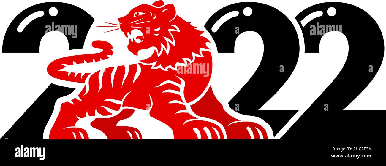 2022 Jahre Tiger. Zeichnung chinesischer roter Tiger auf schwarzen Zahlen 2022 für Poster, Broschüre, Banner, Einladungskarte. Vektor auf transparentem Backgro Stock Vektor