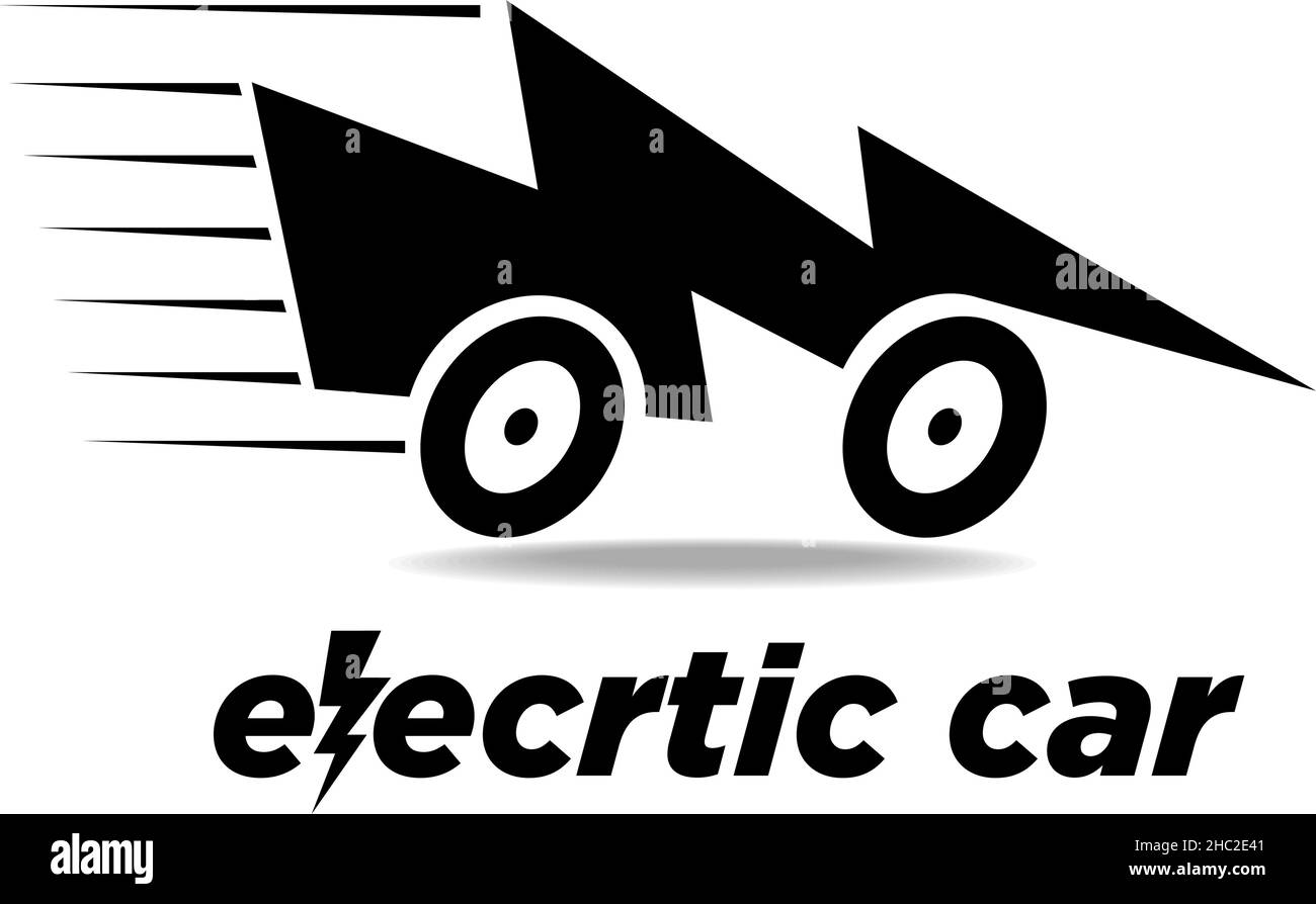 Elektroauto-Logo. Elektrische Blitzentladung auf Rädern. Hohe Geschwindigkeit neuer Technologien. Vektor auf transparentem Hintergrund Stock Vektor