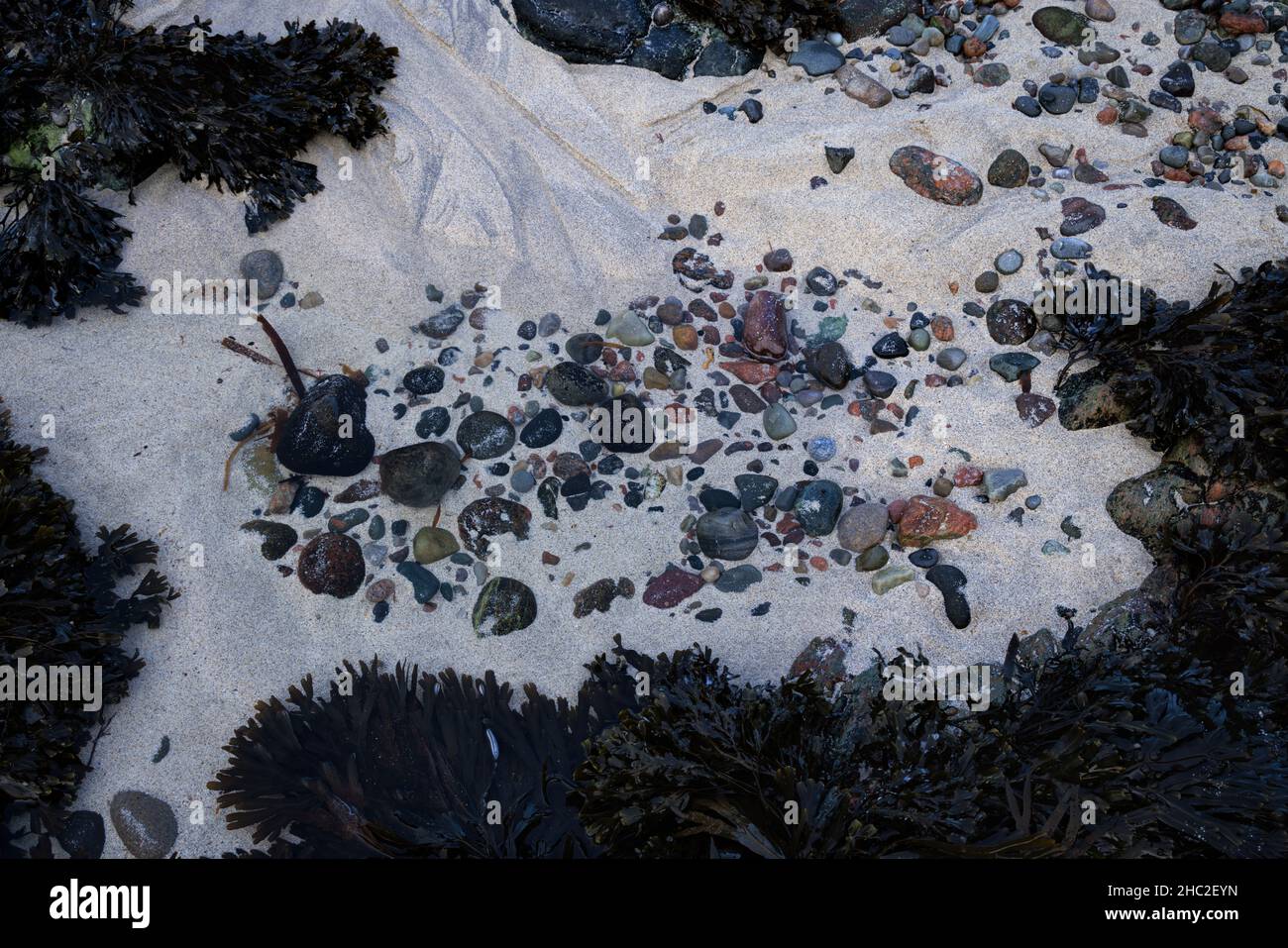 Farbenfrohe Felsen und Kieselsteine auf der Isle of Iona. Stockfoto
