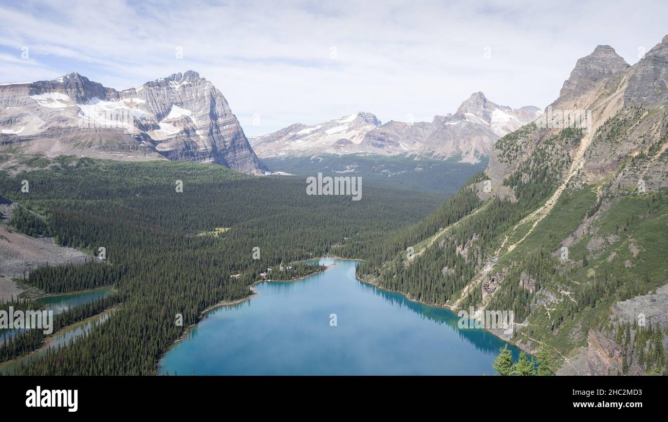 Schönes Alpental mit blauem Gletschersee, Wald und umliegenden Gipfeln, schmale Aufnahme, Kanada Stockfoto
