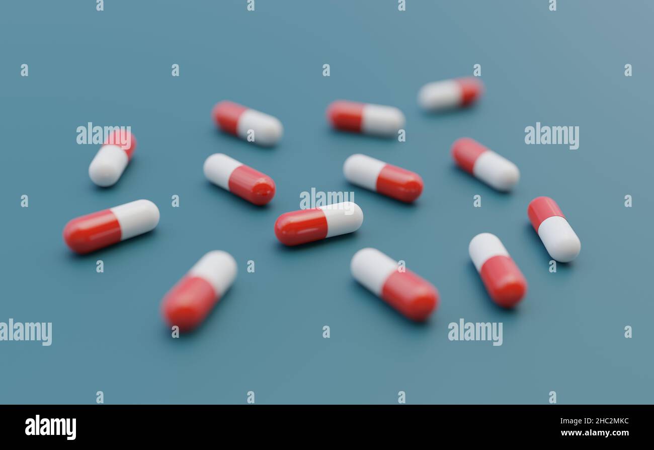 Rot-Weiß-Pillen, Flue Hintergrund für Gesundheit und Pharmaindustrie Konzept. Kapsel Pillen auf grünem Hintergrund, 3D Abbildung. Stockfoto