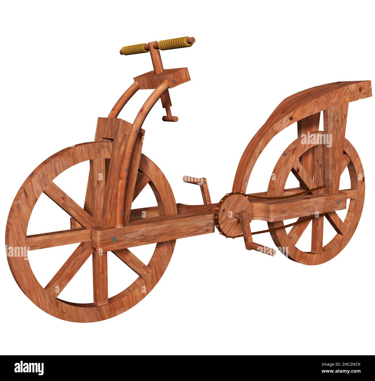 3D Rendering Illustration eines Fahrradprototyps, entworfen und erstellt von Leonardo da Vinci im Codex Atlanticus. Stockfoto