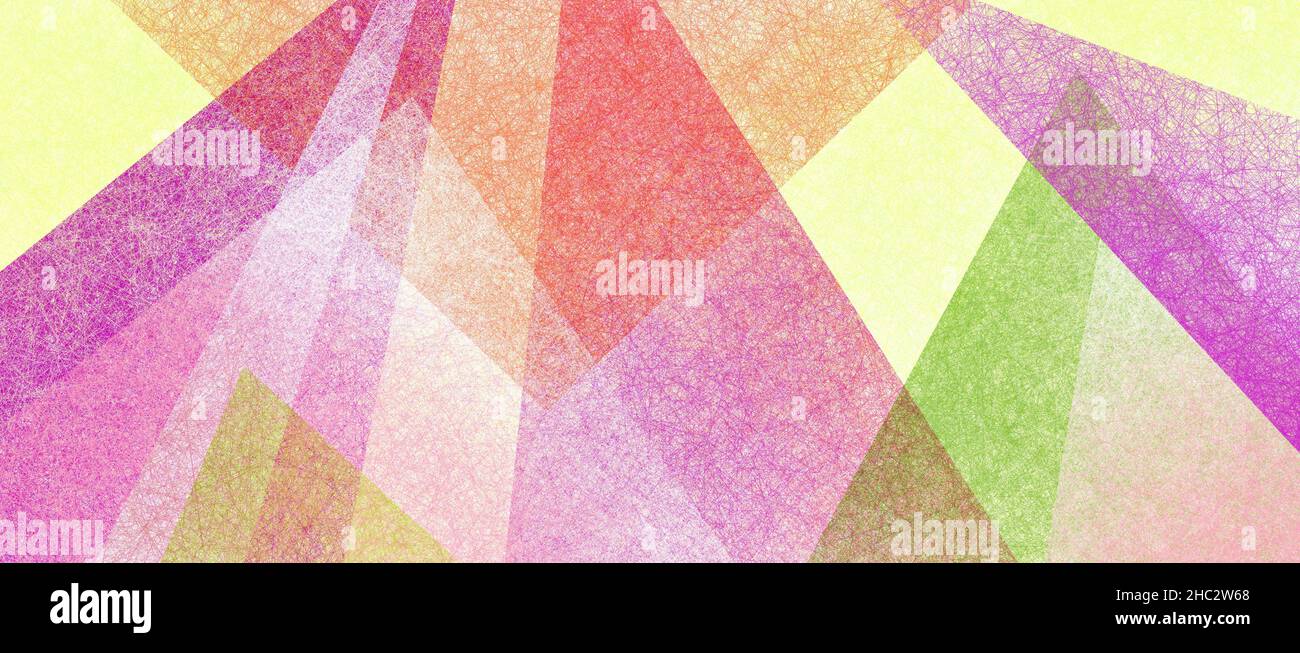 Abstrakter, moderner Hintergrund in rot-rosa-grünen, orange-gelben und violetten Farben und zeitgenössischen Dreiecks- und polygonalen Formen in strukturiertem geomet Stockfoto