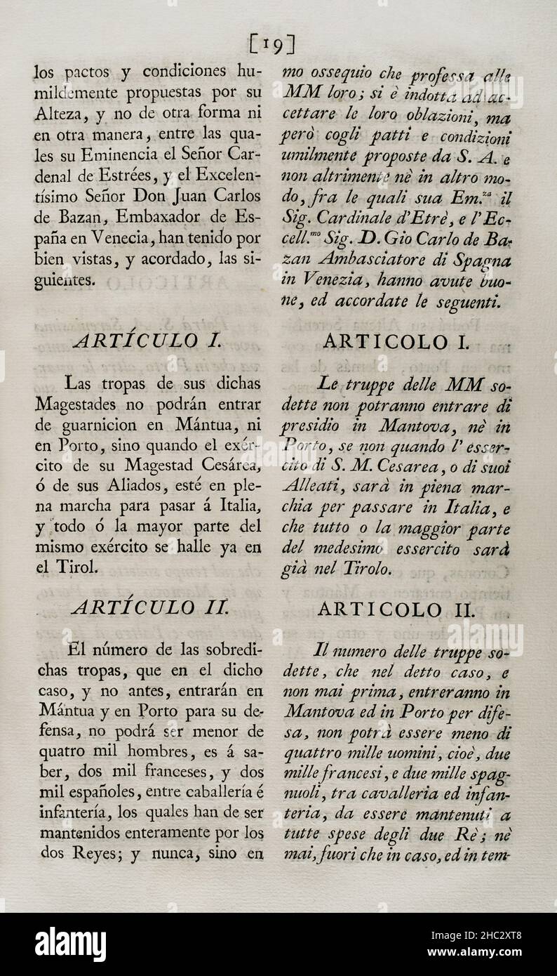 Vertrag der gegenseitigen Allianz, vereinbart zwischen König Philipp V. von Spanien und Ferdinand Karl III von Gonzaga, Herzog von Mantua, der den Herzog gezwungen, Truppen aus Spanien und Frankreich aufzunehmen. Am 24. Februar 1701 in Venedig abgeschlossen und am 19. März dieses Jahres in Buen-Retiro ratifiziert. Artikel I und II Sammlung der Verträge über Frieden, Allianz und Handel, die von der spanischen Krone mit den ausländischen Mächten angepasst wurden (Colección de los Tratados de Paz, Alianza, Comercio ajustados por la Corona de España con las Potencias Extranjeras). Band I. Madrid, 1796. Historische Militärbibliothek von Barcelona, Katalonien, Stockfoto