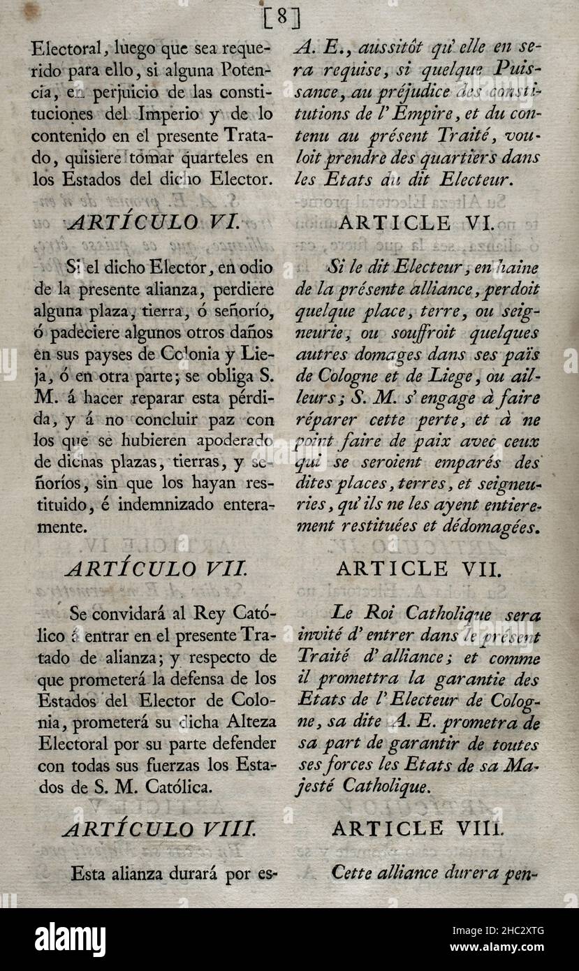 „Vertrag von Brüssel“. Beitrittsakt zwischen König Philipp V. von Spanien und Ludwig XIV. Von Frankreich zum Bündnisvertrag mit dem Kurfürsten des Erzbistums Köln, José Clemente von Bayern, am 13. Februar 1701 in Brüssel, am 7. April dieses Jahres im Palais Buen Retiro ratifiziert. Köln hat der französisch-spanischen Koalition am Vorabend des bevorstehenden Spanischen Erbfolgekrieges (1701-1713) seine diplomatische und militärische Hilfe zugesagt. Artikel VI und VII Sammlung der Verträge über Frieden, Allianz und Handel, die von der spanischen Krone mit den ausländischen Mächten (Colección de los Tratados de Paz Stockfoto