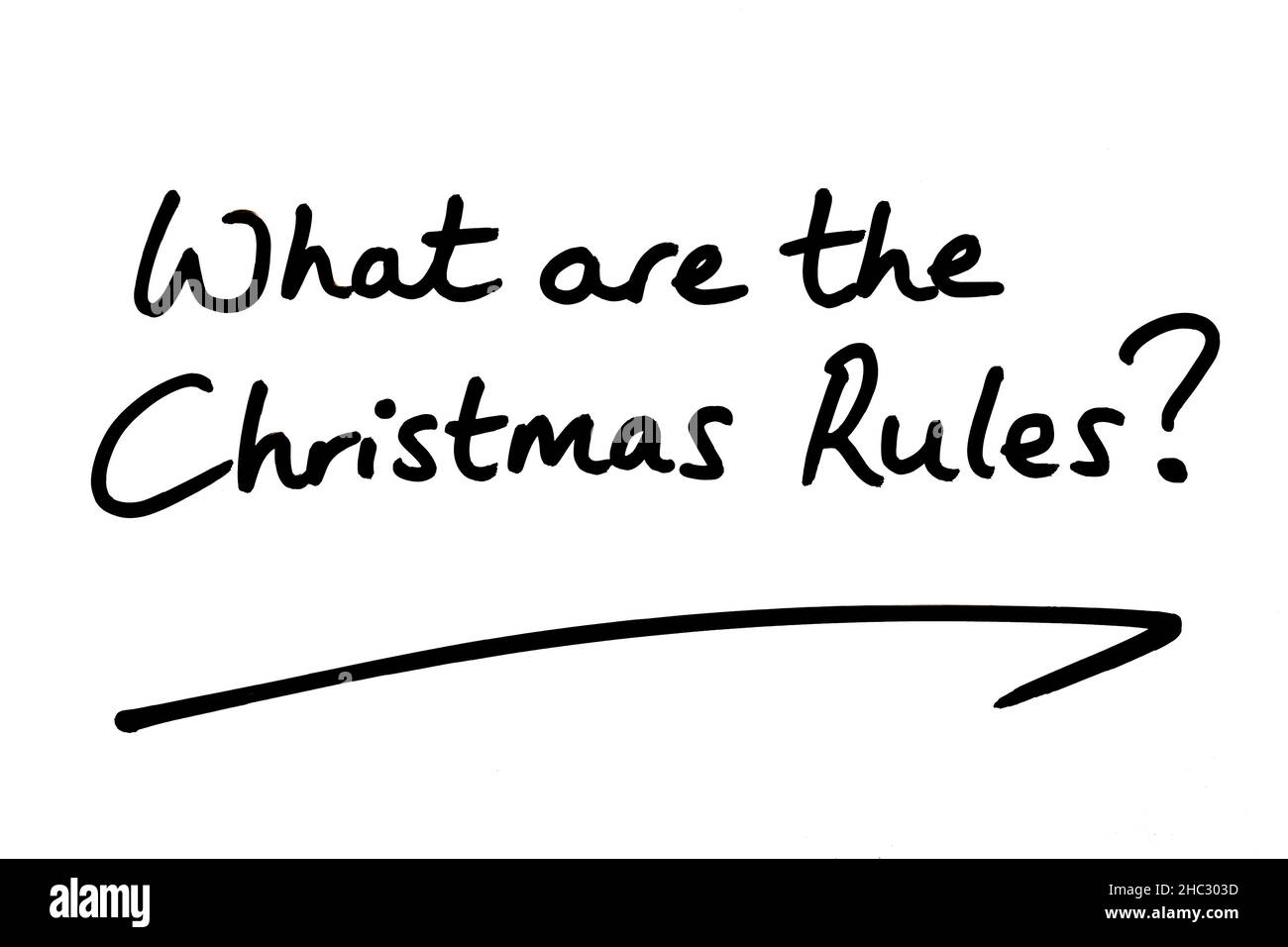 Was sind die Weihnachtsregeln? Handgeschrieben auf weißem Hintergrund. Stockfoto