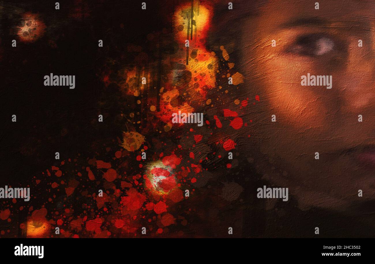 Ölgemälde Mädchen Gesicht und rote Punkte Stockfoto