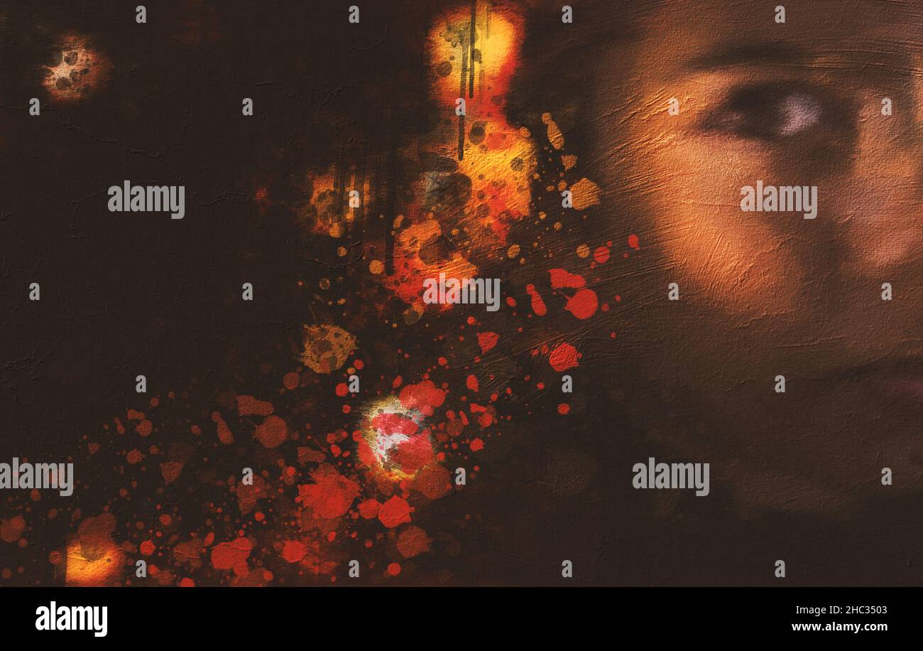 Ölgemälde Mädchen Gesicht und rote Punkte Stockfoto