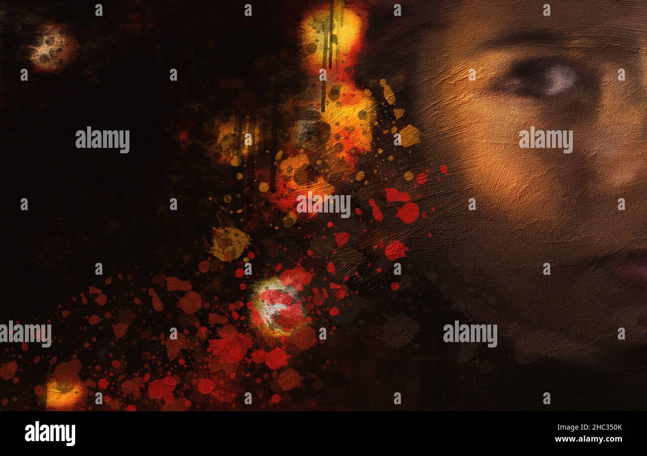 Ölgemälde Mädchen Gesicht und rote Punkte Stockfoto