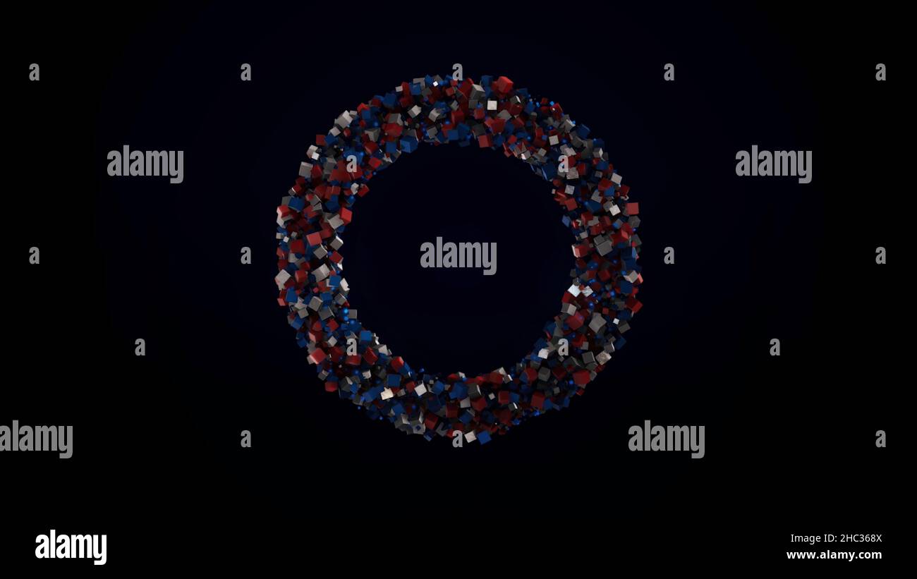 Kleine bunte Partikel fliegen isoliert auf schwarzem Hintergrund und bilden eine Kreisform. Abstrakter Ring aus winzigen Pyramiden und Würfeln. Stockfoto