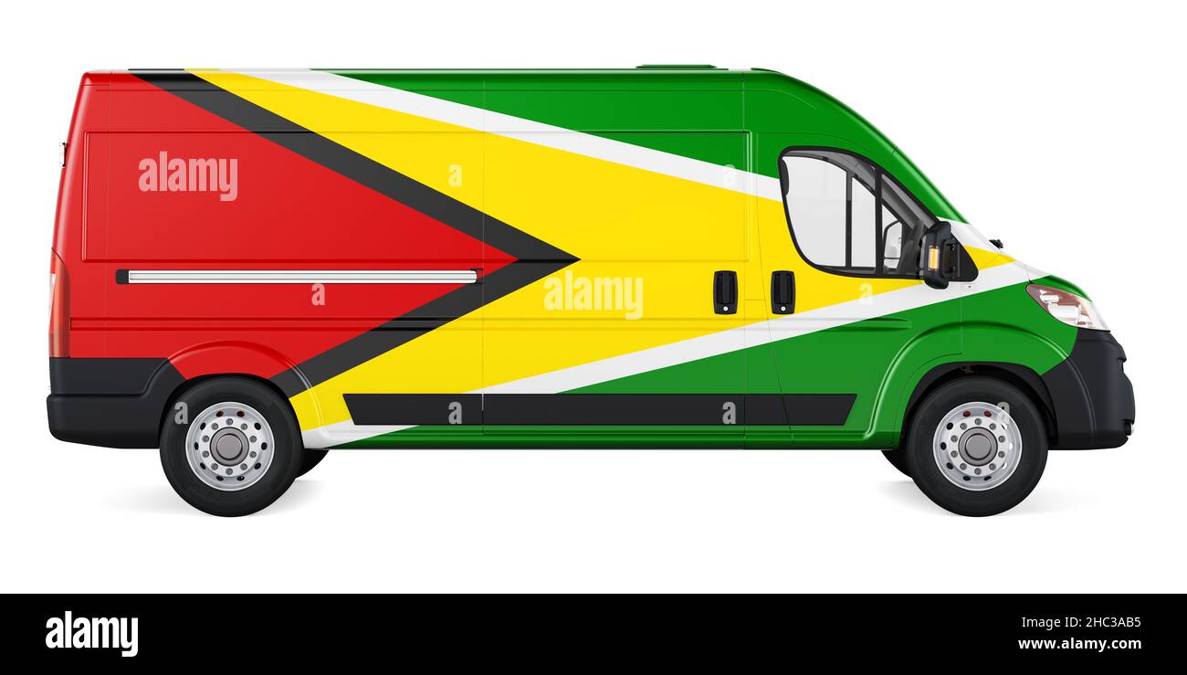 Guyanische Flagge auf kommerziellem Lieferwagen gemalt. Frachtlieferung in Gayana, Konzept. 3D Darstellung isoliert auf weißem Hintergrund Stockfoto