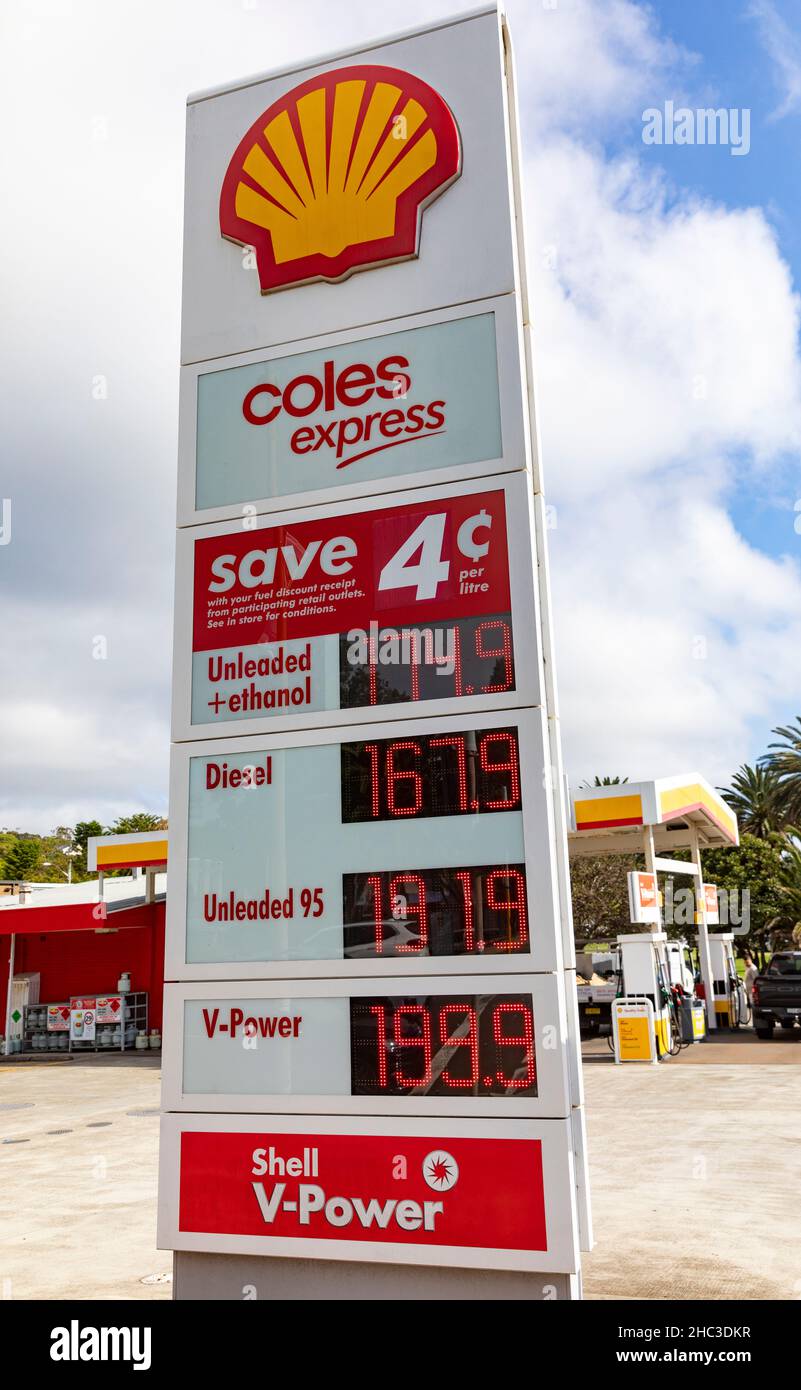 Shell-Tankstelle in Sydney mit Pumpenpreisen für Benzin, Diesel und Ethanol, Sydney, Australien Stockfoto