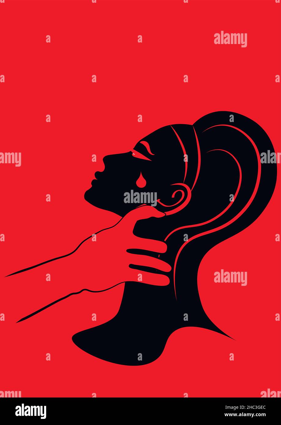 Illustration zum Thema häusliche Gewalt - ein Mann hält eine Frau an der Kehle, eine Frau weint, eine Träne fließt ihr Gesicht herunter. Minimalismus, Grafik. Konstruktionselement Stock Vektor