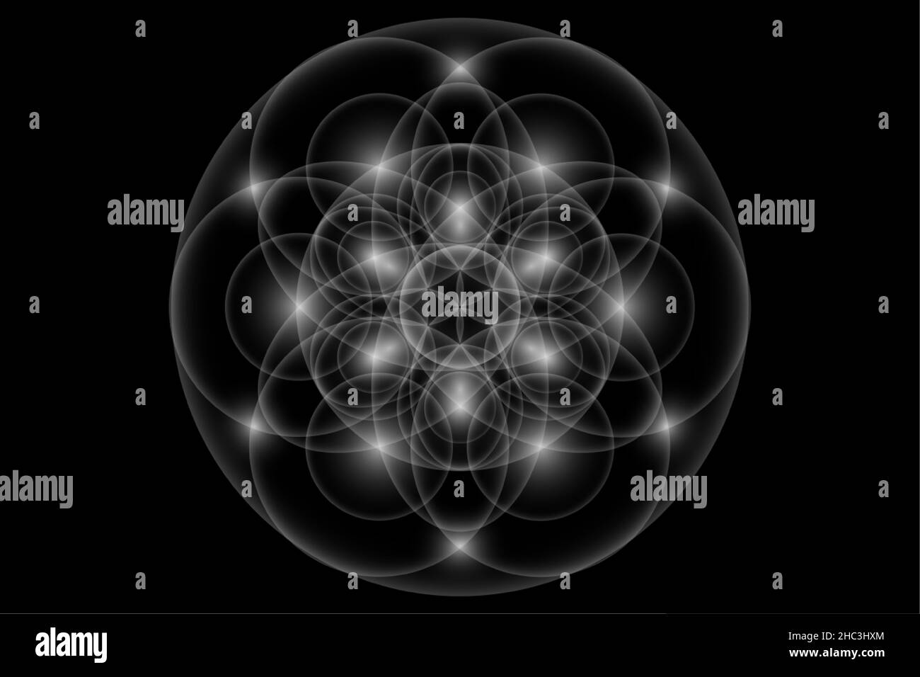 Samen des Lebens, Heilige Geometrie, Blume des Lebens, Lichtlogo Symbol für Harmonie und Gleichgewicht, leuchtender geometrischer Ornament, weißer Lotusvektor isoliert Stock Vektor
