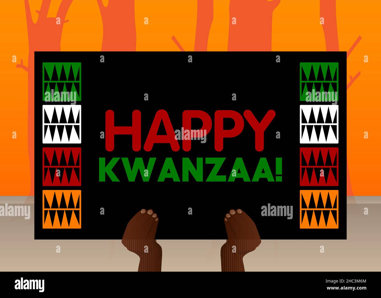 Hand hält Banner mit Happy Kwanzaa! Text. Mann zeigt Reklametafel. Feiertag, Feiertagsschild. Stock Vektor