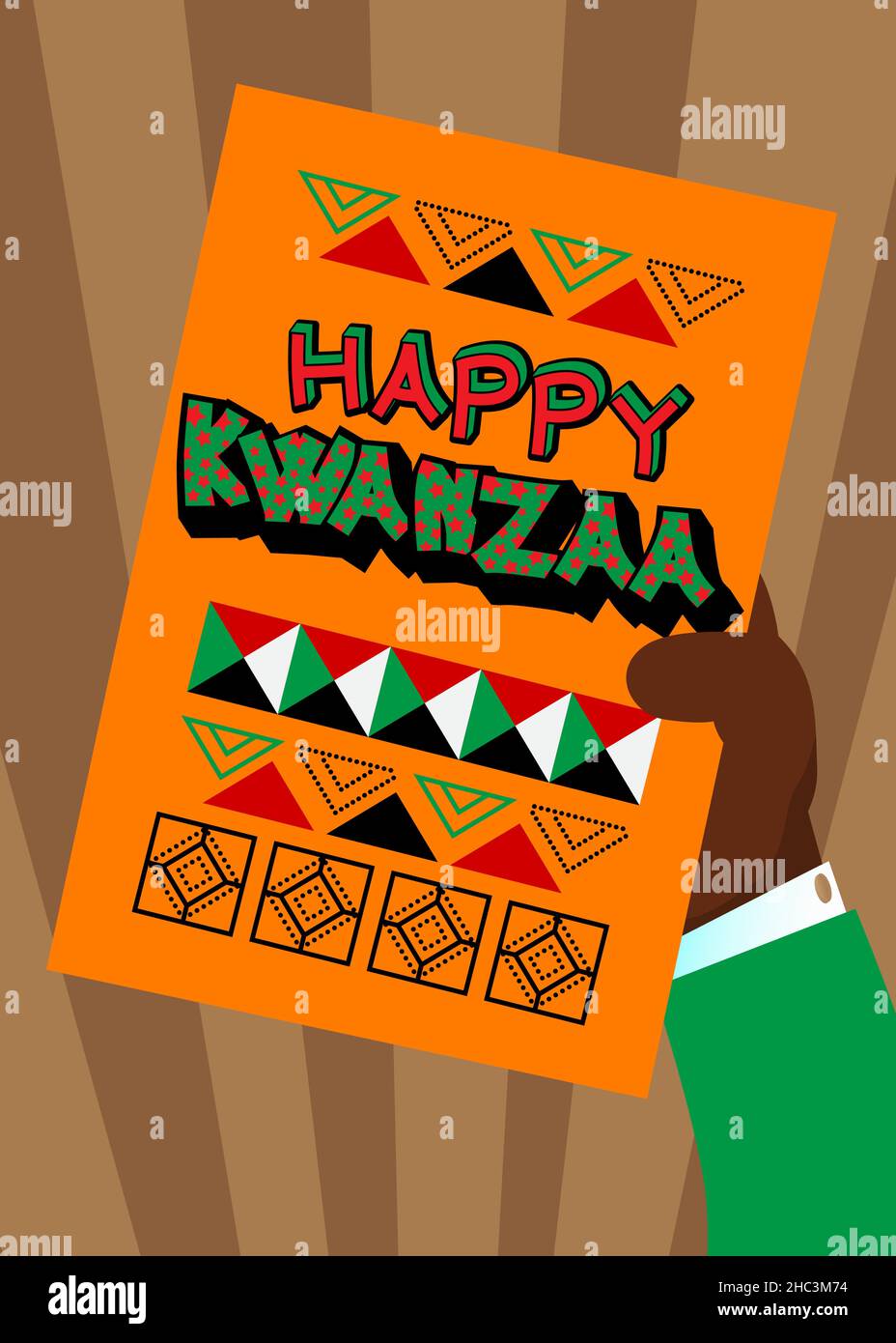 Hand hält Banner mit Happy Kwanzaa! Text. Mann zeigt Reklametafel. Feiertag, Feiertagsschild. Stock Vektor