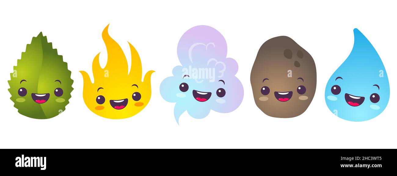 Vektor-Illustration von Naturelementen im Kawaii-Stil. Vektor-Set-Symbole von fünf Elementen im Chibi-Stil. Wasser, Feuer, Luft, Boden und Pflanze. Stock Vektor