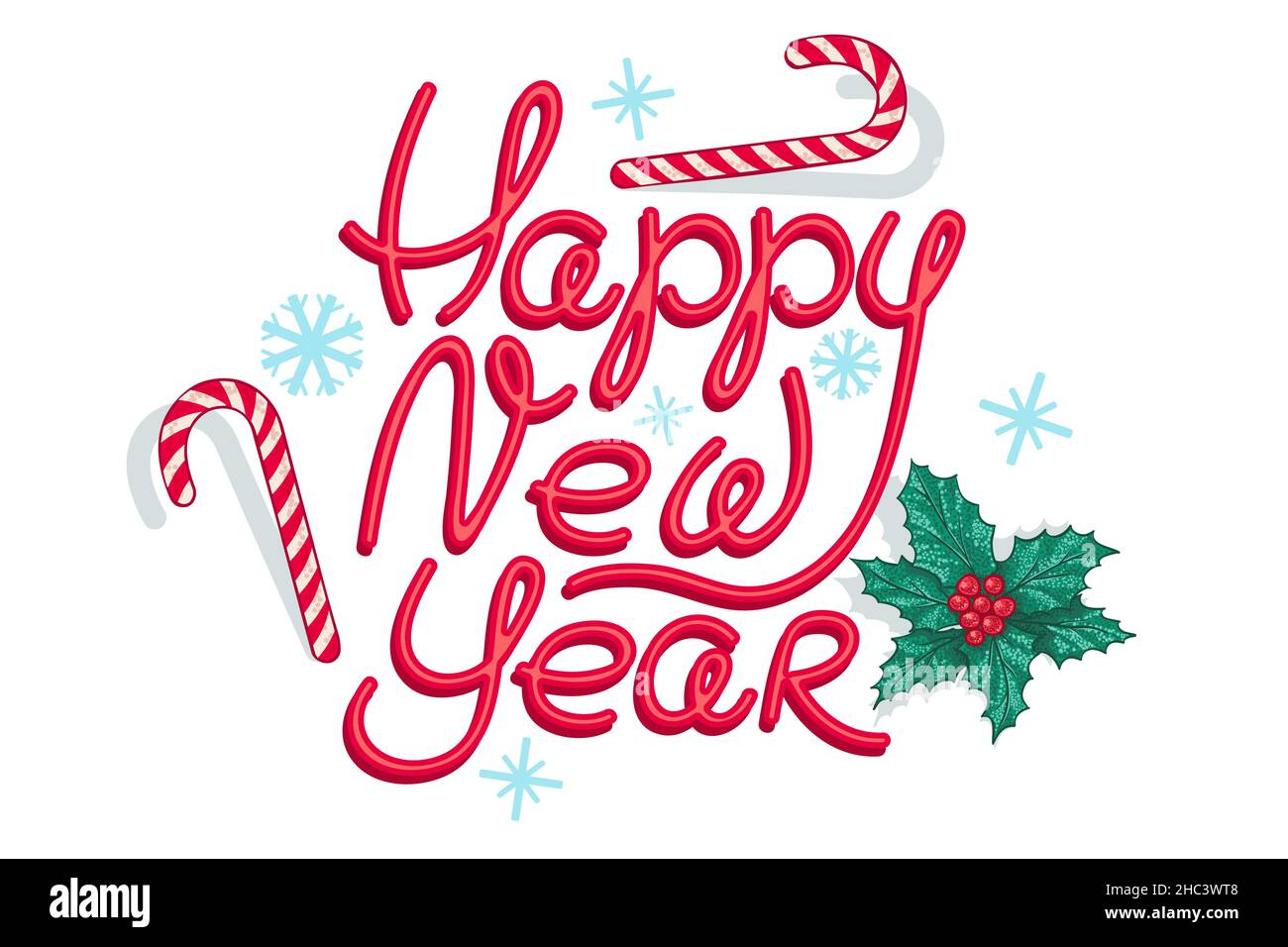Vektorbanner für Neujahr mit handzeichnerem Schriftzug. Vector Retro Banner für Neujahr mit Urlaub Süßigkeiten Stöcke und Pflanzen. Stock Vektor
