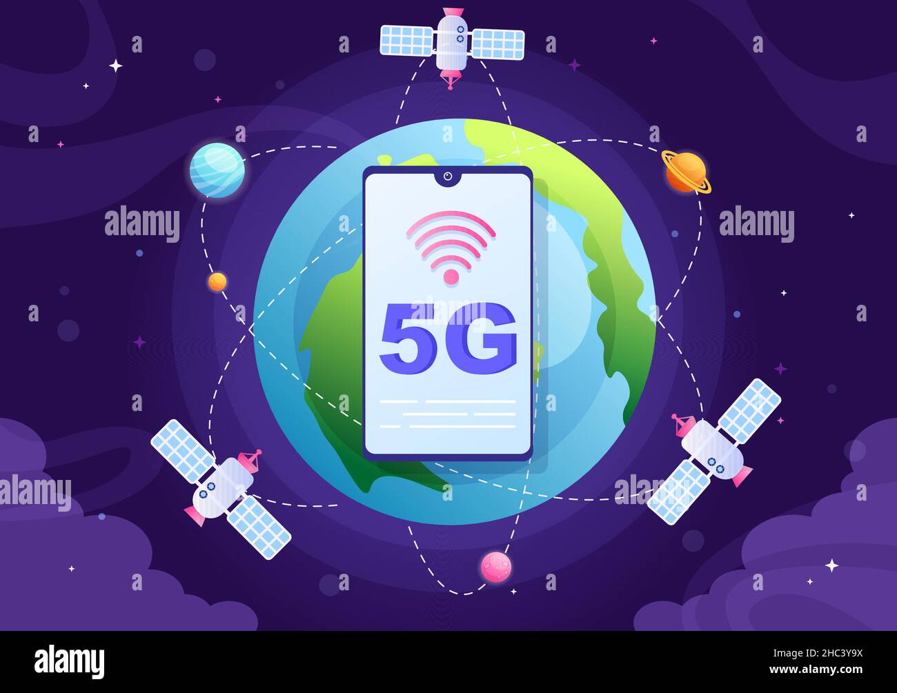 Künstliche Satelliten umkreisen den Planeten Erde mit drahtloser Technologie Globale 5G Internet-Netzwerk-Satellitenkommunikation im Hintergrund Illustration Stock Vektor