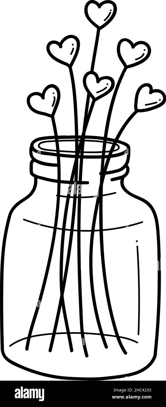 Valentinskarte im Doodle-Outline-Stil mit Herzen in einer Vase isoliert auf weißem Hintergrund Stock Vektor