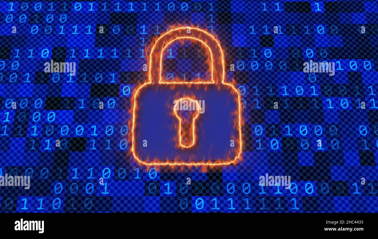 Digitaler Bildschirm abstrakter grafischer Hintergrund - brennendes Vorhängeschloss über binärem Code auf Mosaik von quadratischen Elementen mit zufällig veränderten Farben Stockfoto