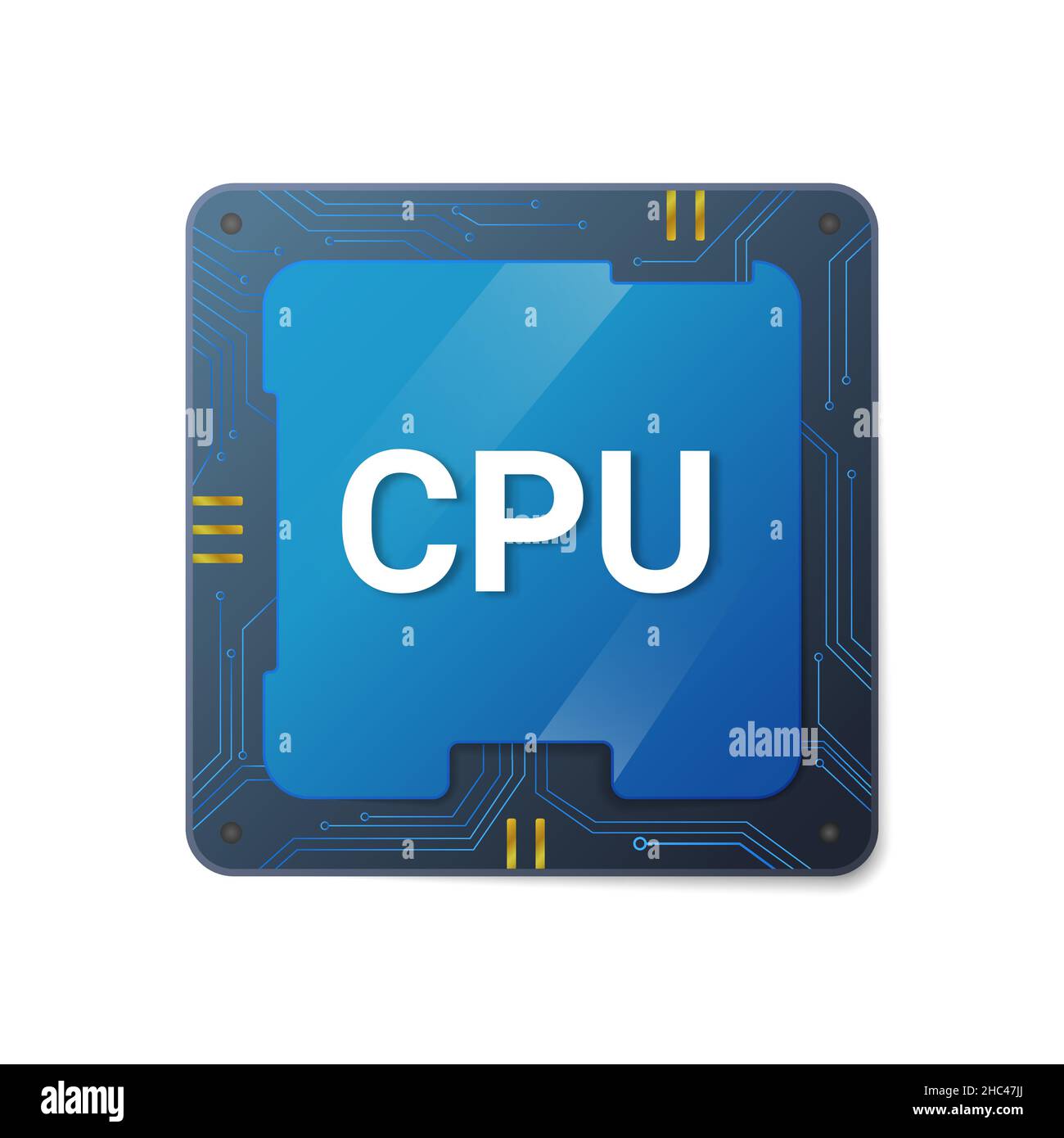Zentraler cpu-Prozessor. Mikroprozessor blauer Chip mit Leitungen zum Anschließen Stock Vektor