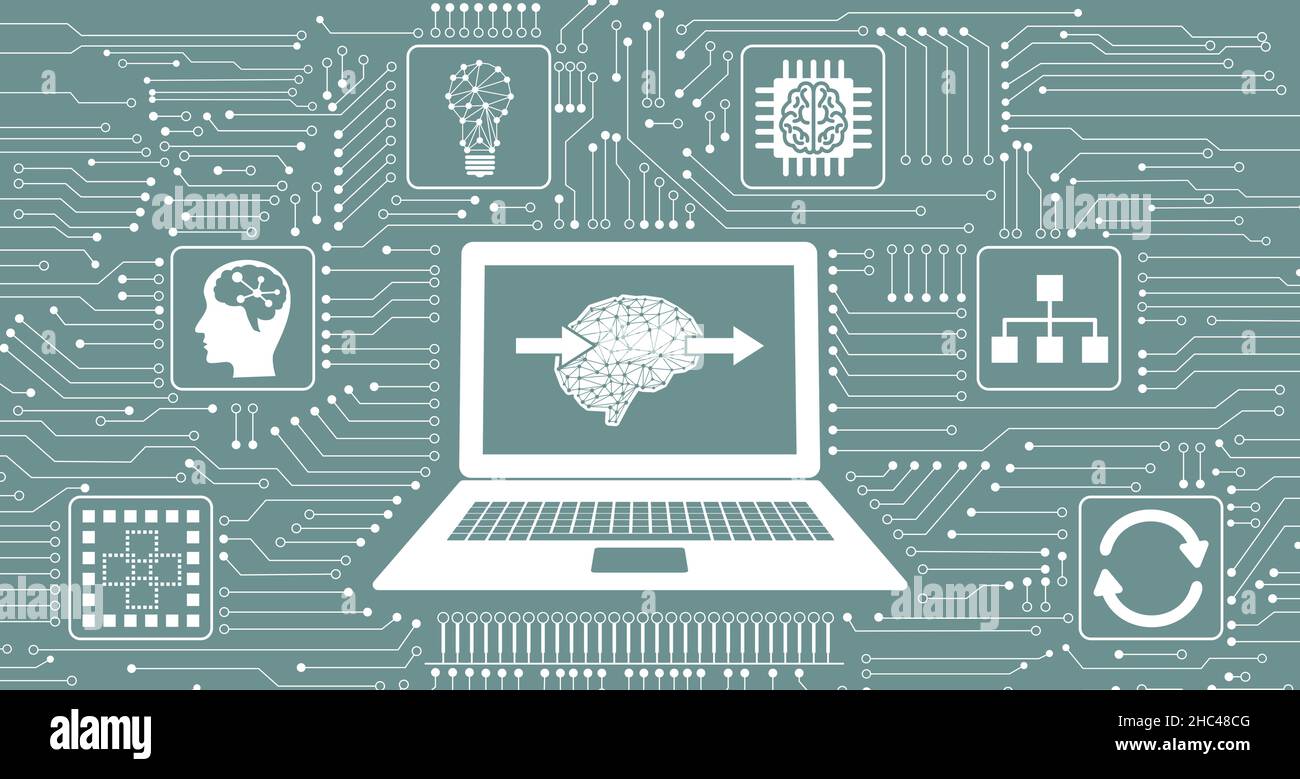 Konzept des Deep Learning mit integrierten Symbolen in Schaltkreisen Stockfoto