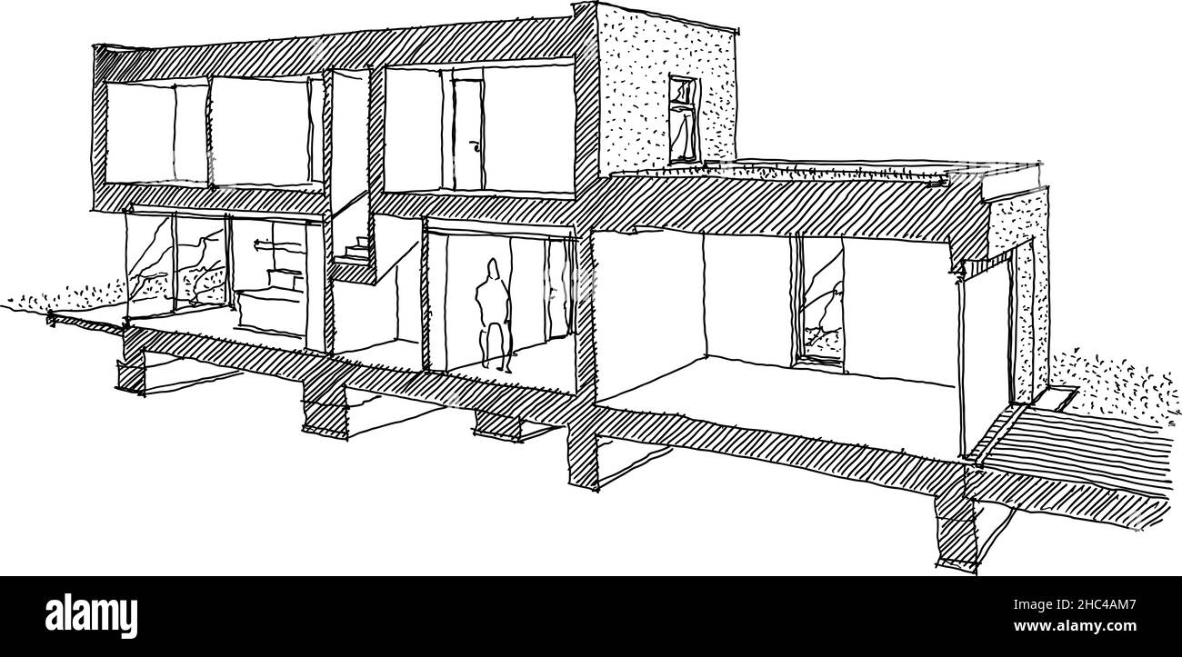 Handgezeichnete architektonische Skizze des Querschnitts durch ein modernes Einfamilienhaus Stockfoto
