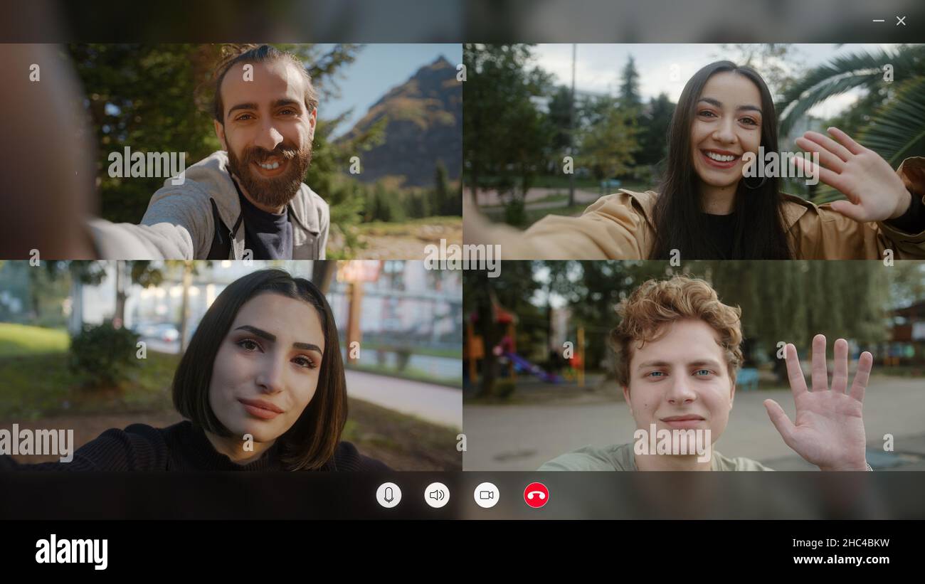 Gruppenvideoanruf. Konzept der Chat-Konferenz für Freunde und Bildung. Videoanruf-Software-Schnittstelle Stockfoto
