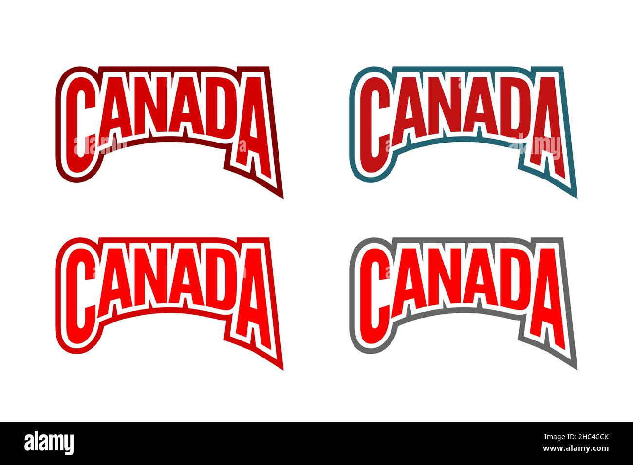 Text-Emblem für Kanada gesetzt. Word Canada Sticksymbol. Sammlung von vier Farbvarianten. Sportlich gewölbter Schriftzug in Kanada. Vektorgrafik. Stock Vektor