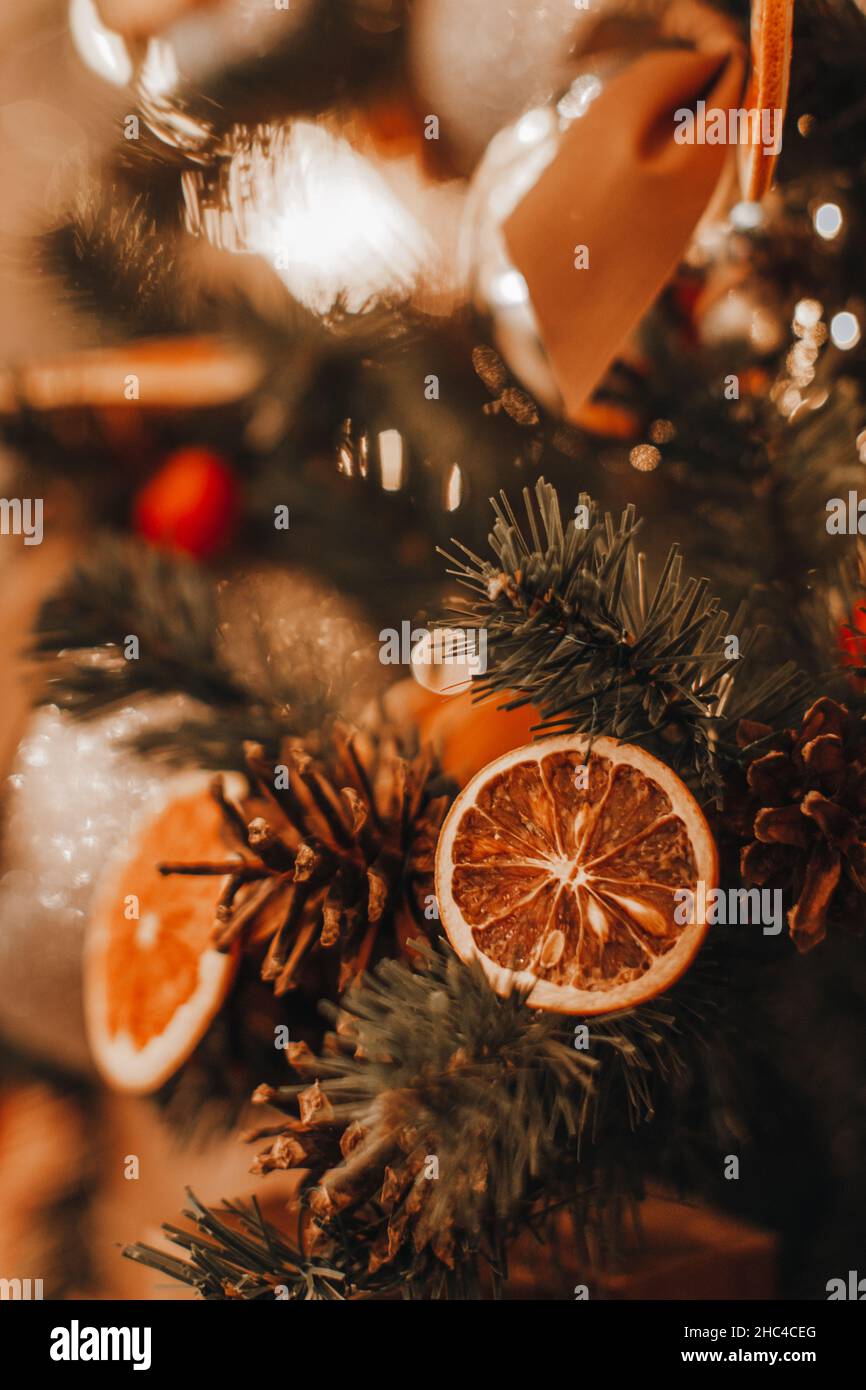 Getrocknete Orangen und Zapfen hängen am Weihnachtsbaum. Kreative, gemütliche Details und goldene Bokeh Girlanden-Lichter. Winterzauber im Neujahrsstil Stockfoto